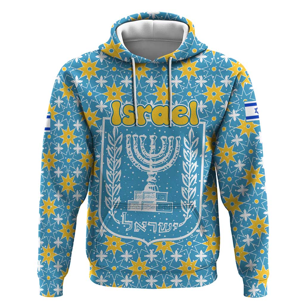 Israel Christmas Hoodie with Blue-Yellow Star Pattern, Menorah, and Santa Motif - Wonder Print Shop
