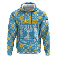 Israel Christmas Hoodie with Blue-Yellow Star Pattern, Menorah, and Santa Motif - Wonder Print Shop