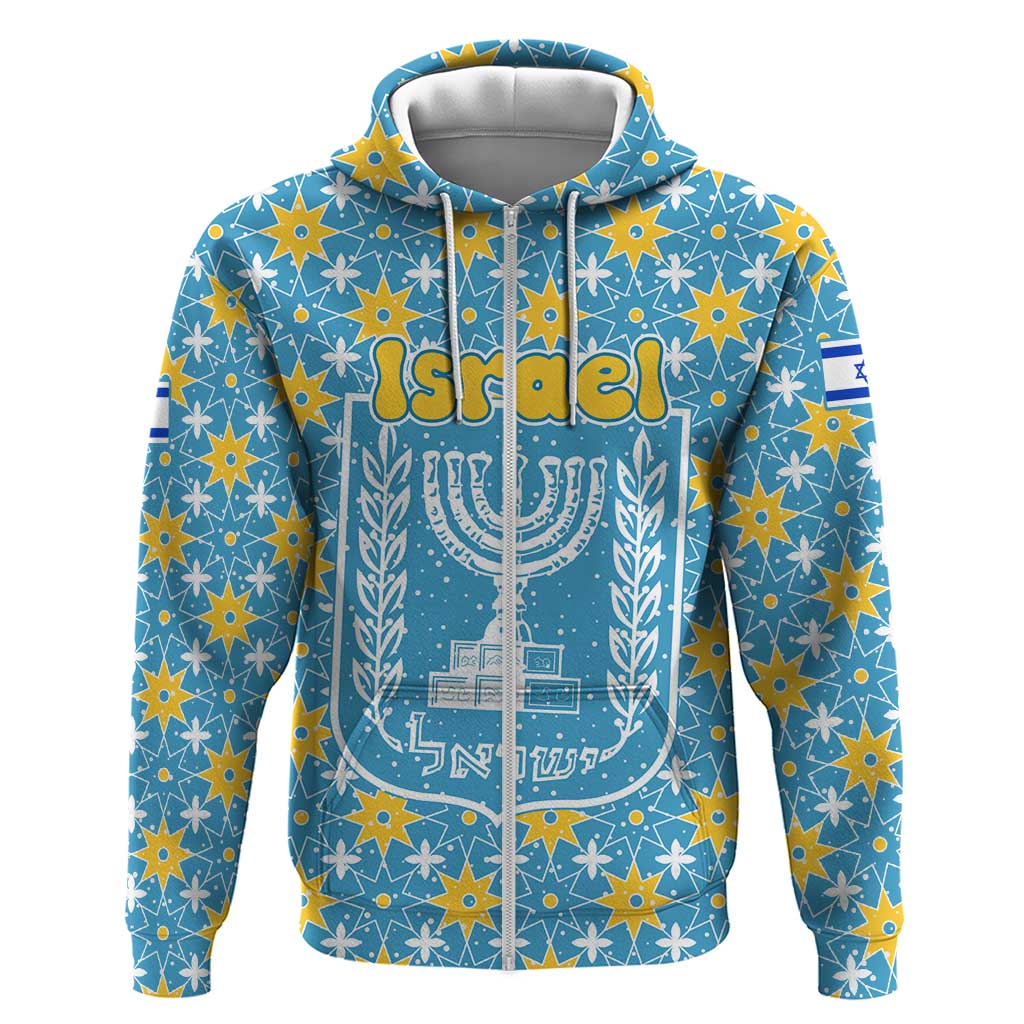 Israel Christmas Hoodie with Blue-Yellow Star Pattern, Menorah, and Santa Motif - Wonder Print Shop