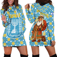 Israel Christmas Hoodie Dress with Blue-Yellow Star Pattern, Menorah, and Santa Motif - Wonder Print Shop