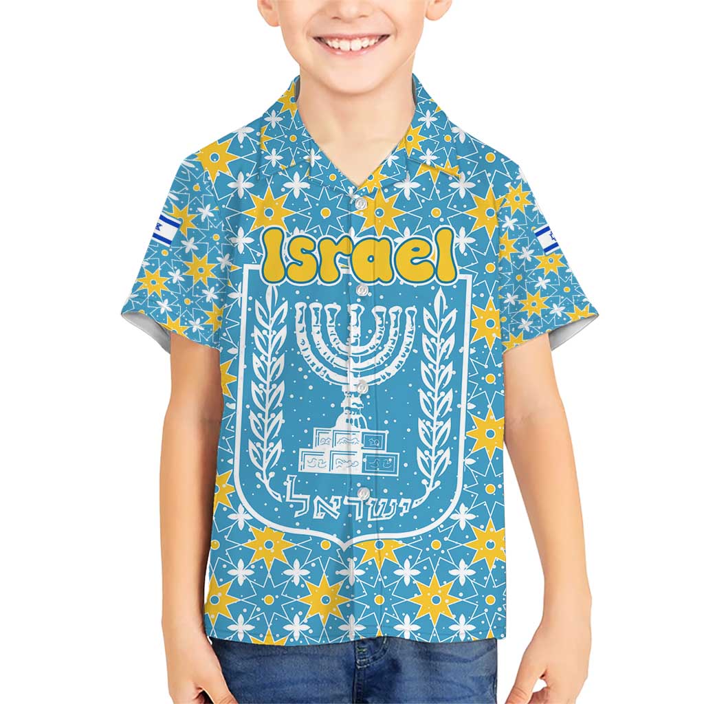 Israel Christmas Kid Hawaiian Shirt with Blue-Yellow Star Pattern, Menorah, and Santa Motif - Wonder Print Shop
