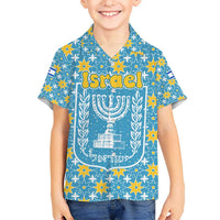 Israel Christmas Kid Hawaiian Shirt with Blue-Yellow Star Pattern, Menorah, and Santa Motif - Wonder Print Shop