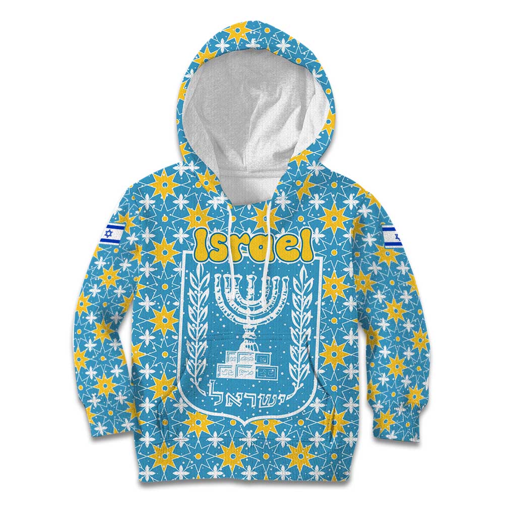 Israel Christmas Kid Hoodie with Blue-Yellow Star Pattern, Menorah, and Santa Motif - Wonder Print Shop