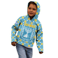 Israel Christmas Kid Hoodie with Blue-Yellow Star Pattern, Menorah, and Santa Motif - Wonder Print Shop