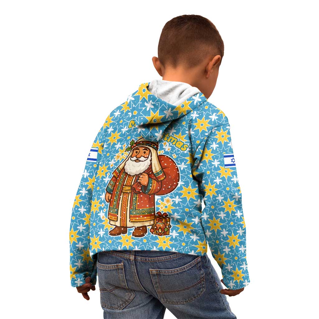 Israel Christmas Kid Hoodie with Blue-Yellow Star Pattern, Menorah, and Santa Motif - Wonder Print Shop