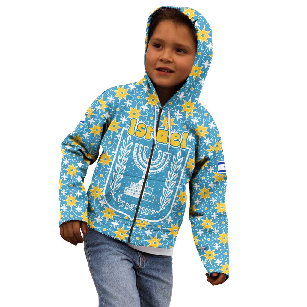 Israel Christmas Kid Hoodie with Blue-Yellow Star Pattern, Menorah, and Santa Motif - Wonder Print Shop