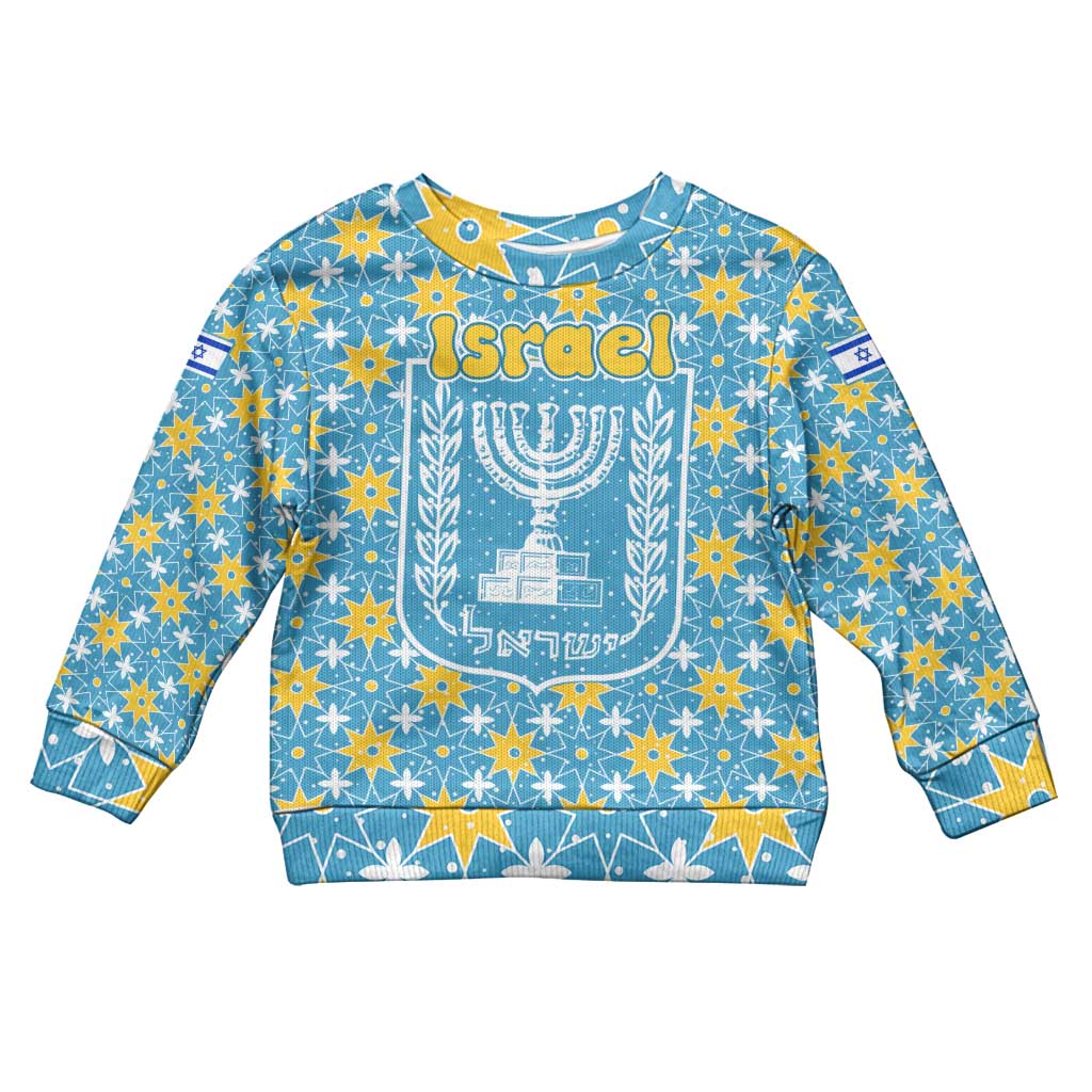 Israel Christmas Kid Ugly Christmas Sweater with Blue-Yellow Star Pattern, Menorah, and Santa Motif - Wonder Print Shop