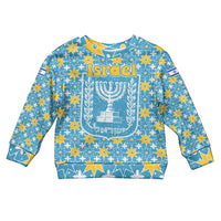Israel Christmas Kid Ugly Christmas Sweater with Blue-Yellow Star Pattern, Menorah, and Santa Motif - Wonder Print Shop