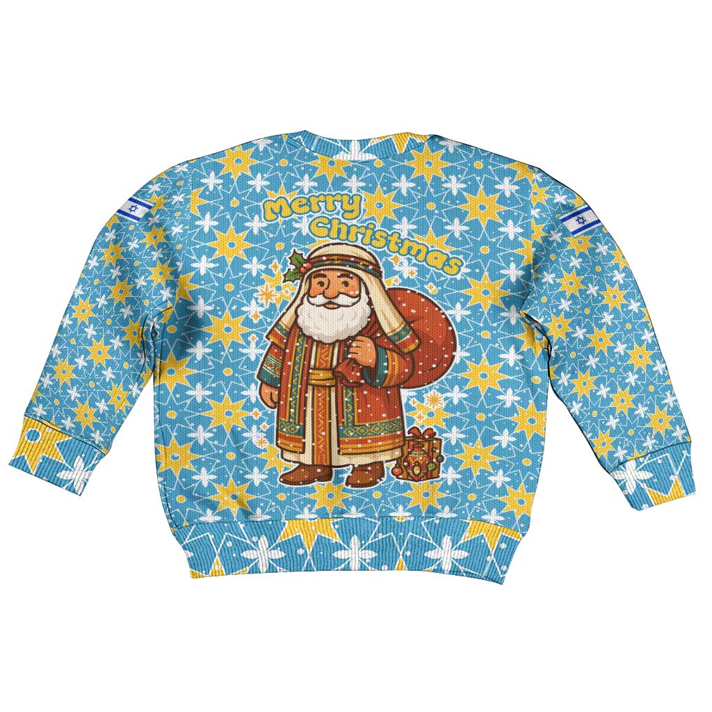 Israel Christmas Kid Ugly Christmas Sweater with Blue-Yellow Star Pattern, Menorah, and Santa Motif - Wonder Print Shop