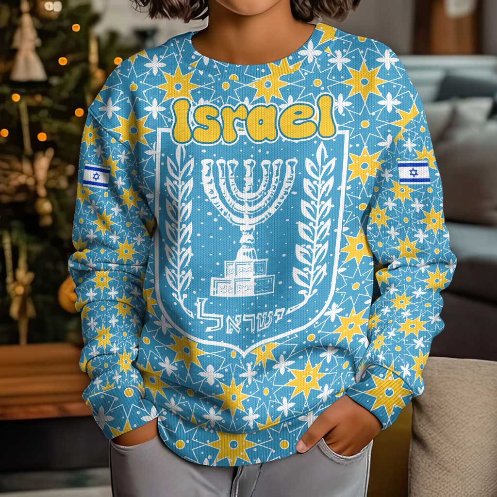 Israel Christmas Kid Ugly Christmas Sweater with Blue-Yellow Star Pattern, Menorah, and Santa Motif - Wonder Print Shop
