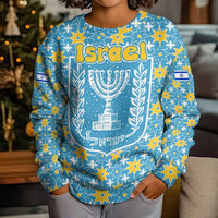 Israel Christmas Kid Ugly Christmas Sweater with Blue-Yellow Star Pattern, Menorah, and Santa Motif - Wonder Print Shop