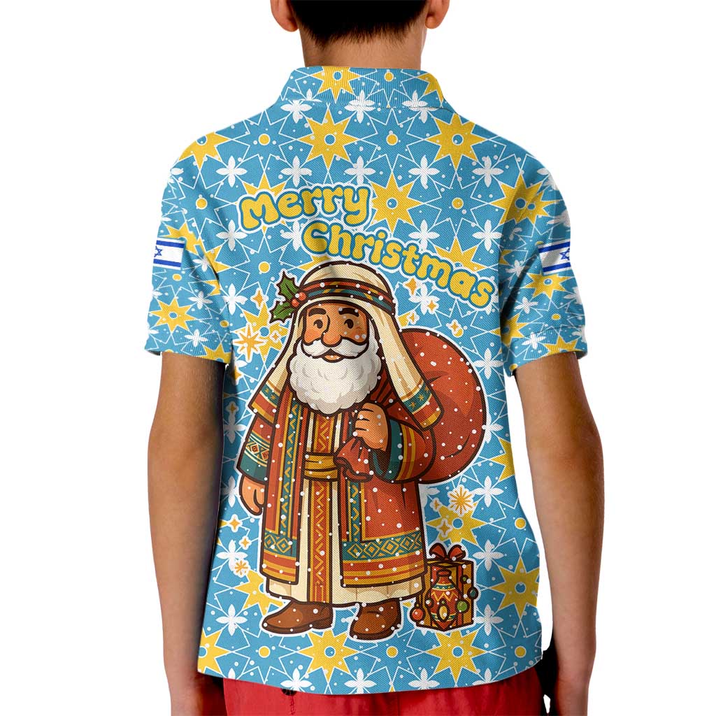 Israel Christmas Kid Polo Shirt with Blue-Yellow Star Pattern, Menorah, and Santa Motif - Wonder Print Shop
