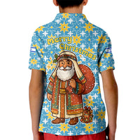 Israel Christmas Kid Polo Shirt with Blue-Yellow Star Pattern, Menorah, and Santa Motif - Wonder Print Shop