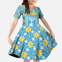 Israel Christmas Kid Short Sleeve Dress with Blue-Yellow Star Pattern, Menorah, and Santa Motif - Wonder Print Shop
