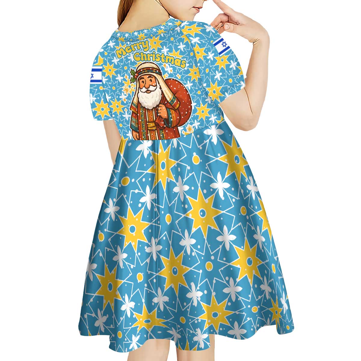 Israel Christmas Kid Short Sleeve Dress with Blue-Yellow Star Pattern, Menorah, and Santa Motif - Wonder Print Shop