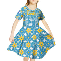 Israel Christmas Kid Short Sleeve Dress with Blue-Yellow Star Pattern, Menorah, and Santa Motif - Wonder Print Shop