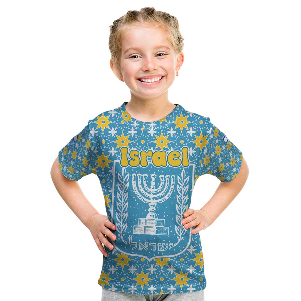 Israel Christmas Kid T Shirt with Blue-Yellow Star Pattern, Menorah, and Santa Motif - Wonder Print Shop