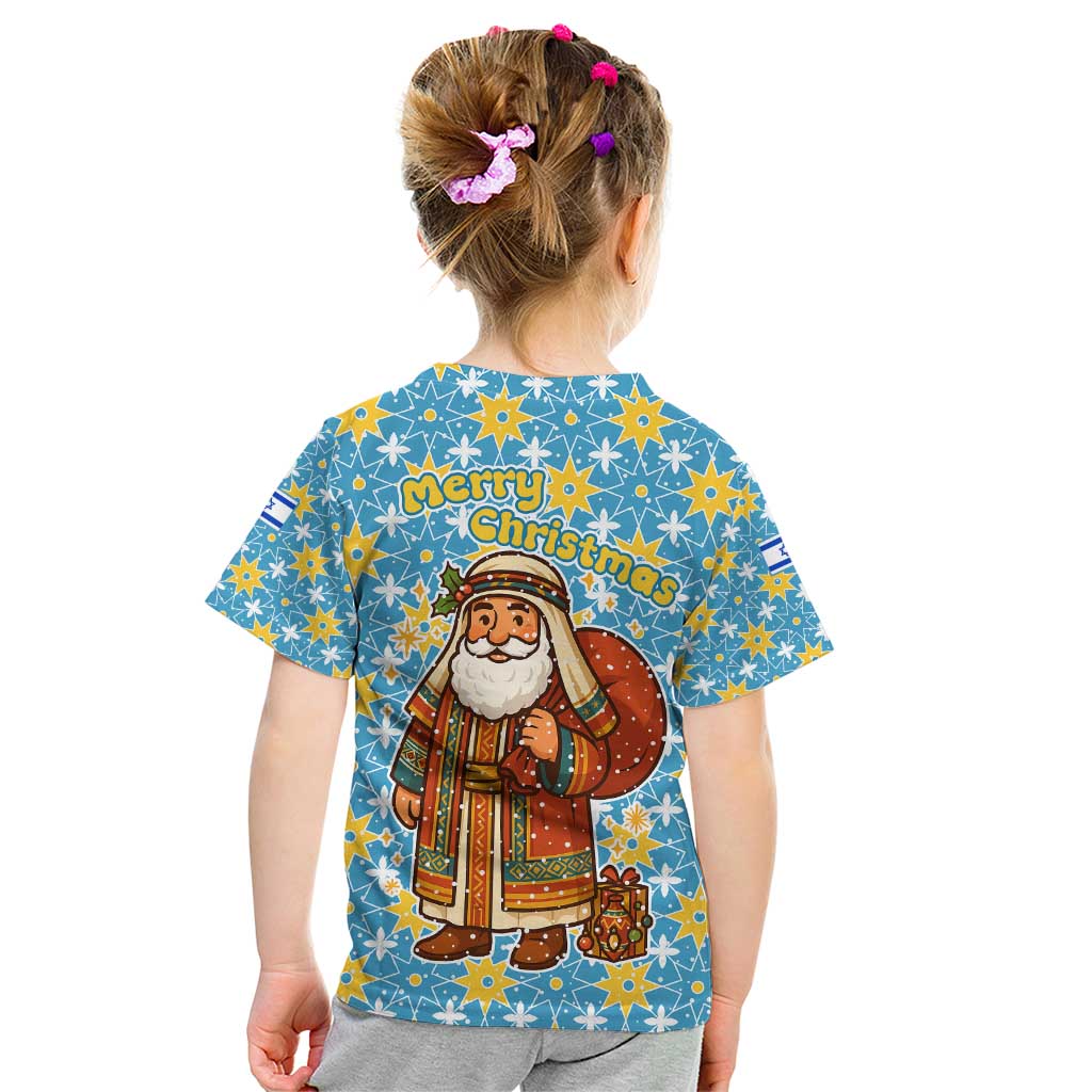 Israel Christmas Kid T Shirt with Blue-Yellow Star Pattern, Menorah, and Santa Motif - Wonder Print Shop