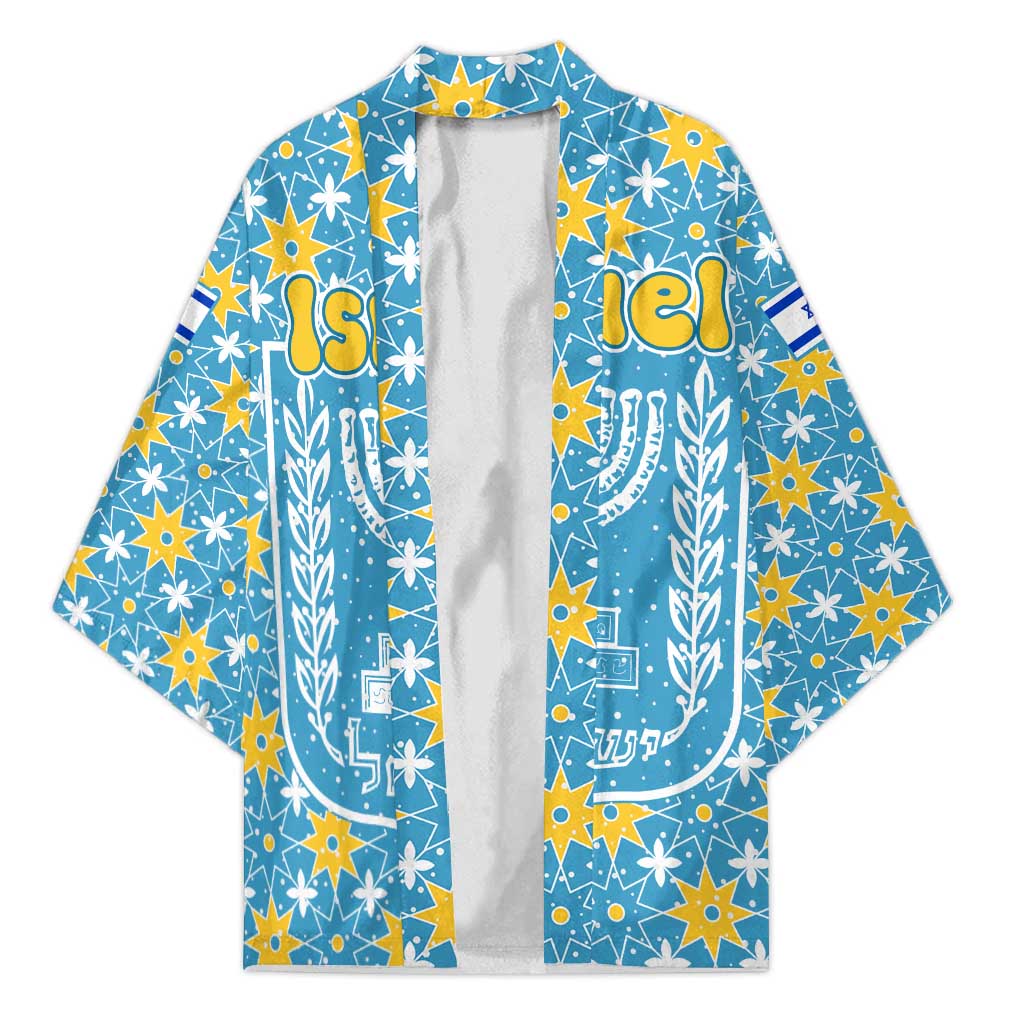 Israel Christmas Kimono with Blue-Yellow Star Pattern, Menorah, and Santa Motif - Wonder Print Shop