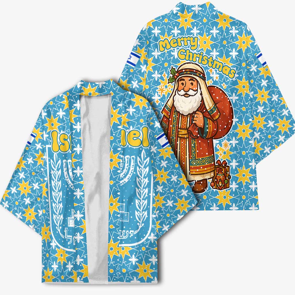 Israel Christmas Kimono with Blue-Yellow Star Pattern, Menorah, and Santa Motif - Wonder Print Shop