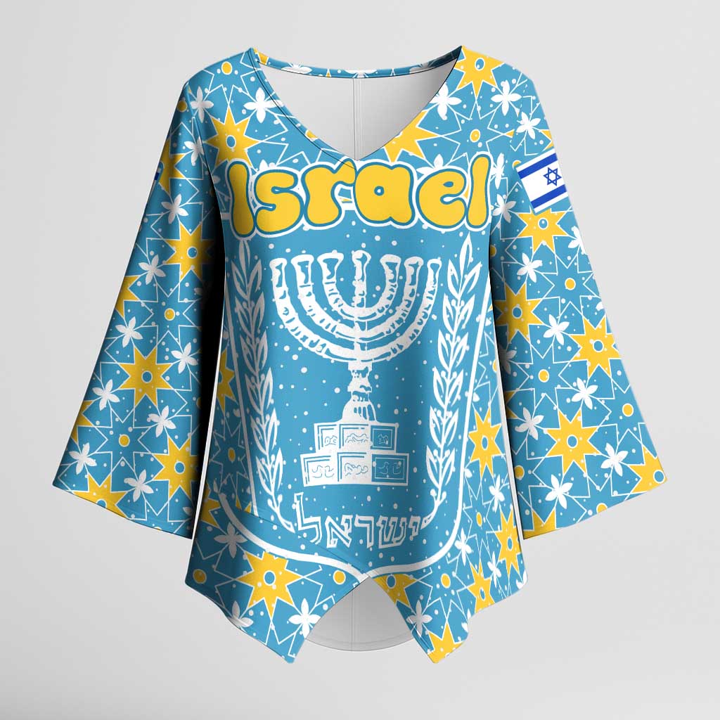 Israel Christmas Kimono Sleeve Blouse with Blue-Yellow Star Pattern, Menorah, and Santa Motif - Wonder Print Shop