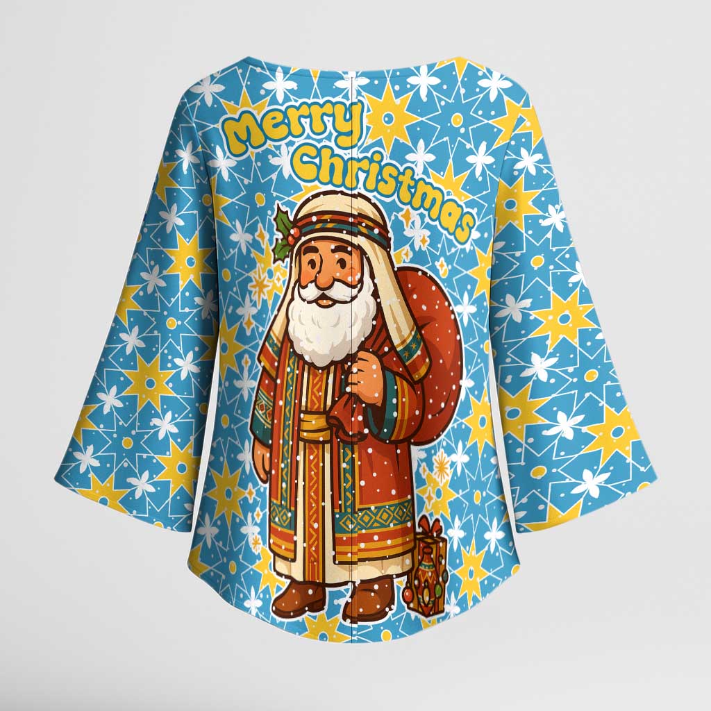 Israel Christmas Kimono Sleeve Blouse with Blue-Yellow Star Pattern, Menorah, and Santa Motif - Wonder Print Shop