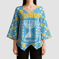Israel Christmas Kimono Sleeve Blouse with Blue-Yellow Star Pattern, Menorah, and Santa Motif - Wonder Print Shop