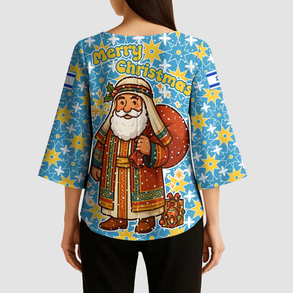 Israel Christmas Kimono Sleeve Blouse with Blue-Yellow Star Pattern, Menorah, and Santa Motif - Wonder Print Shop
