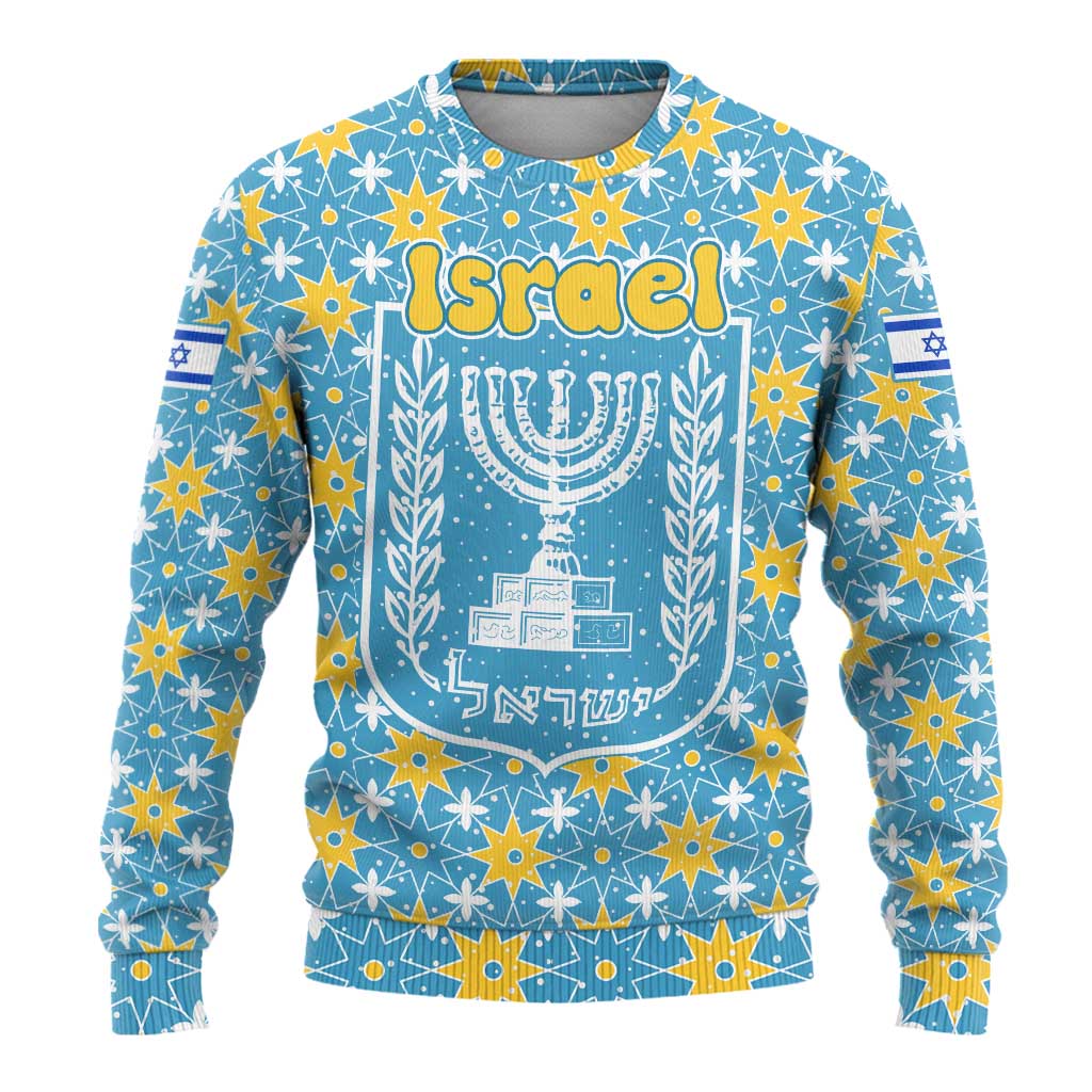 Israel Christmas Ugly Christmas Sweater with Blue-Yellow Star Pattern, Menorah, and Santa Motif - Wonder Print Shop