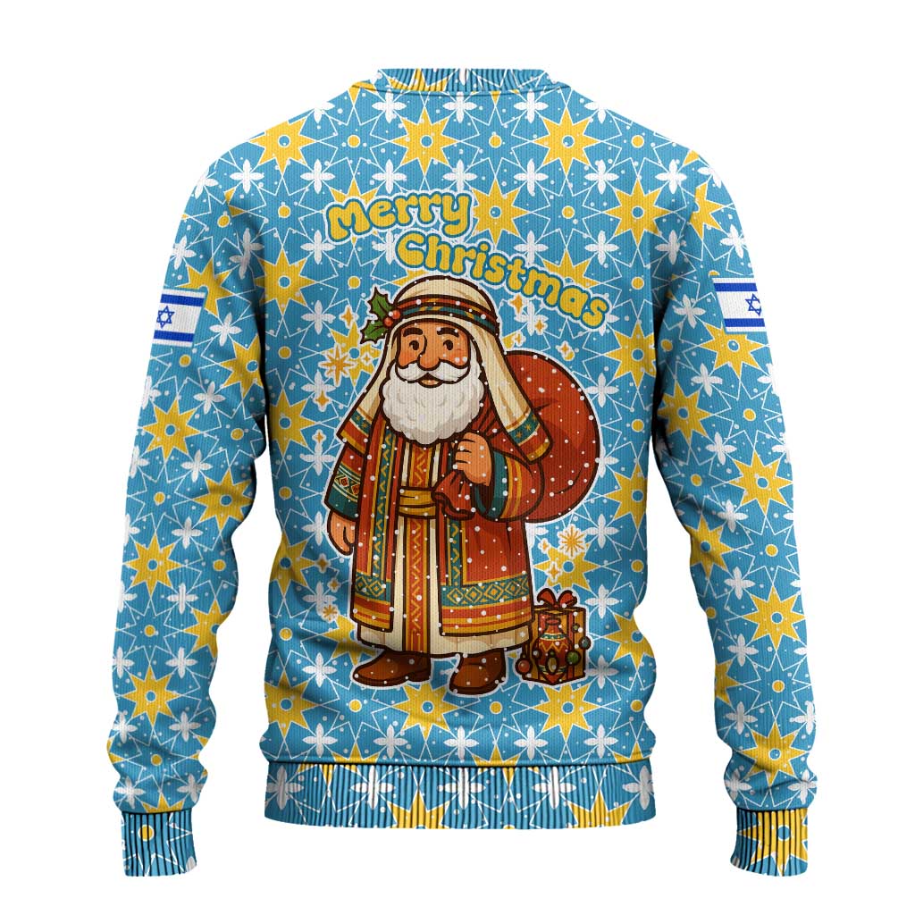 Israel Christmas Ugly Christmas Sweater with Blue-Yellow Star Pattern, Menorah, and Santa Motif - Wonder Print Shop