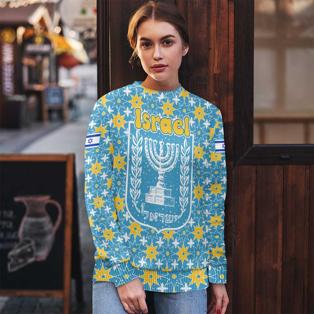 Israel Christmas Ugly Christmas Sweater with Blue-Yellow Star Pattern, Menorah, and Santa Motif - Wonder Print Shop