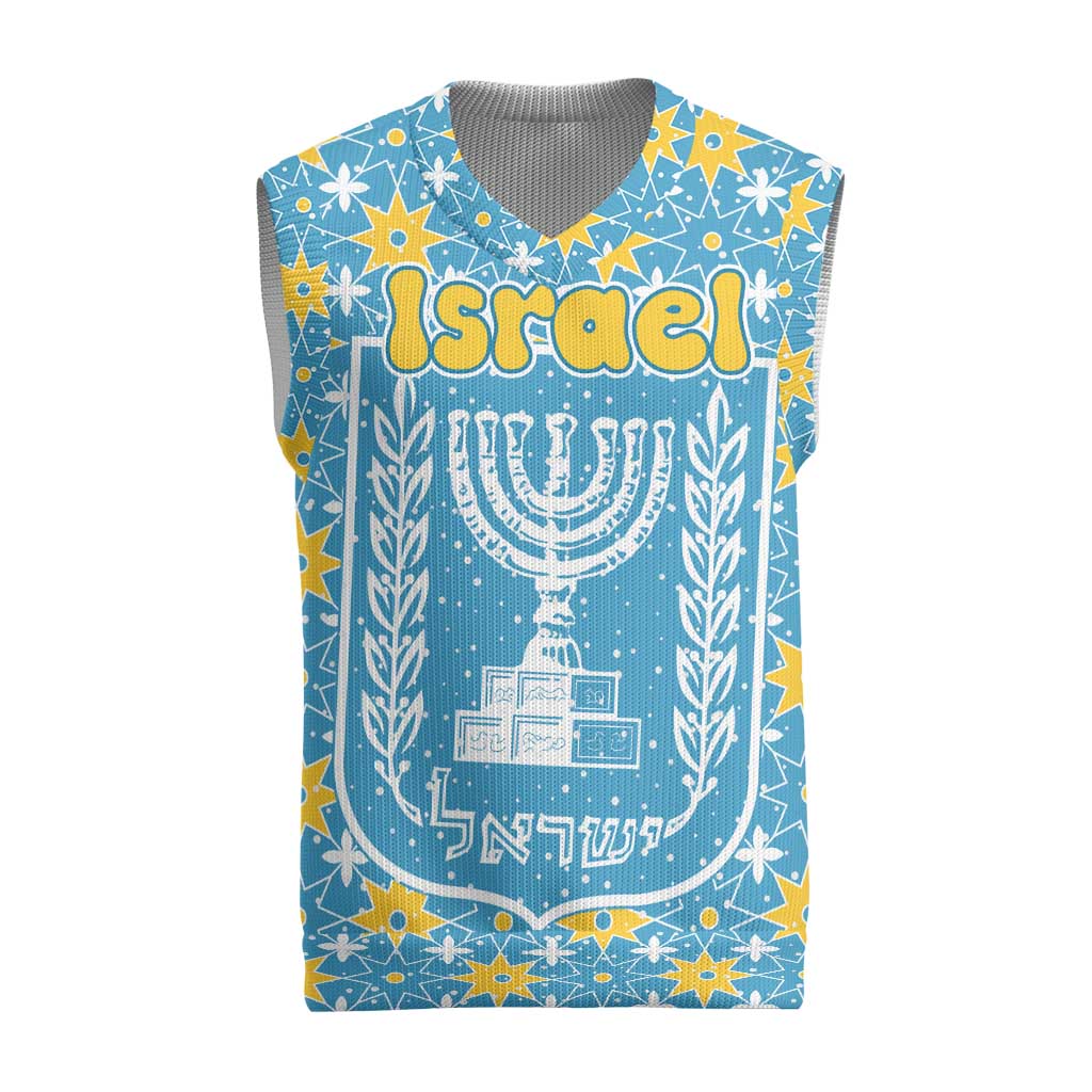 Israel Christmas Knitted V-Neck Vest with Blue-Yellow Star Pattern, Menorah, and Santa Motif - Wonder Print Shop