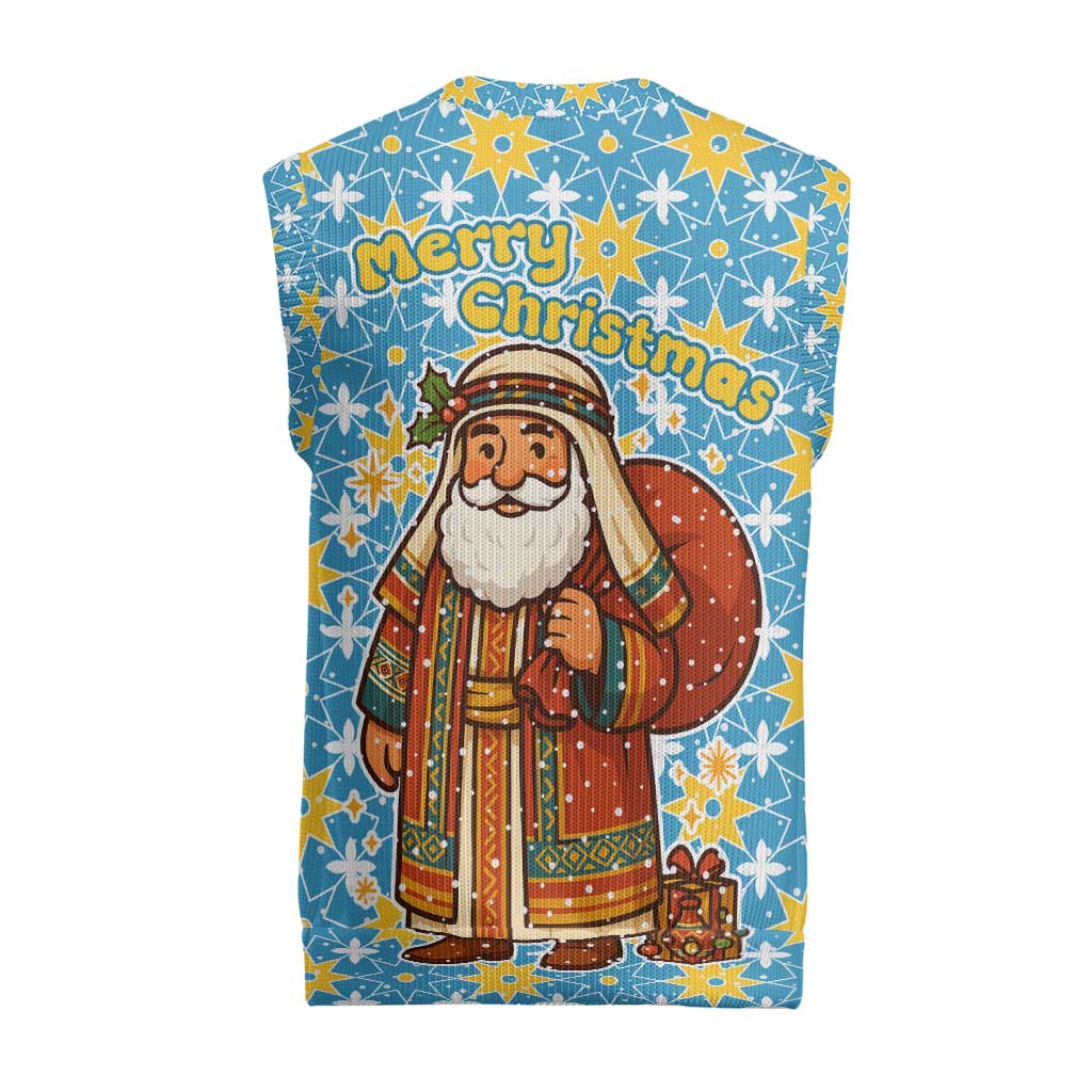 Israel Christmas Knitted V-Neck Vest with Blue-Yellow Star Pattern, Menorah, and Santa Motif - Wonder Print Shop