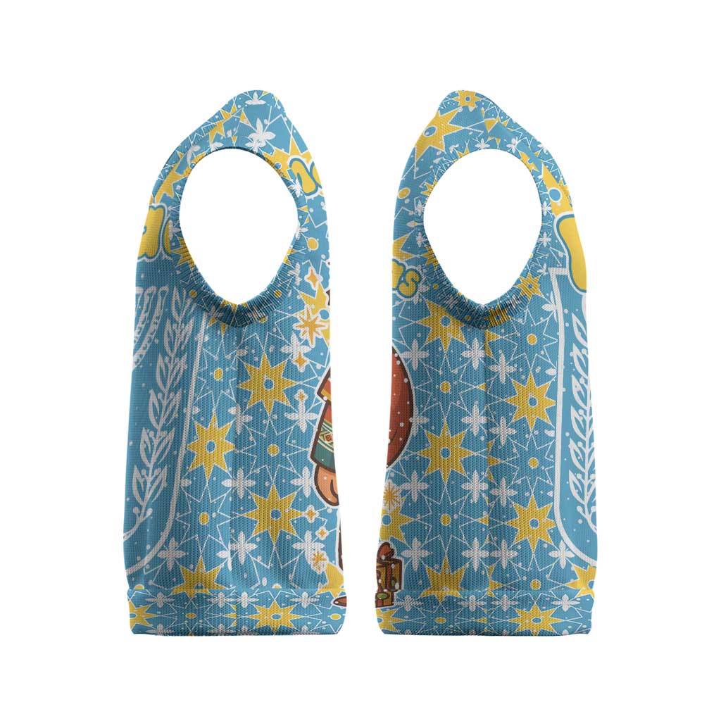 Israel Christmas Knitted V-Neck Vest with Blue-Yellow Star Pattern, Menorah, and Santa Motif - Wonder Print Shop