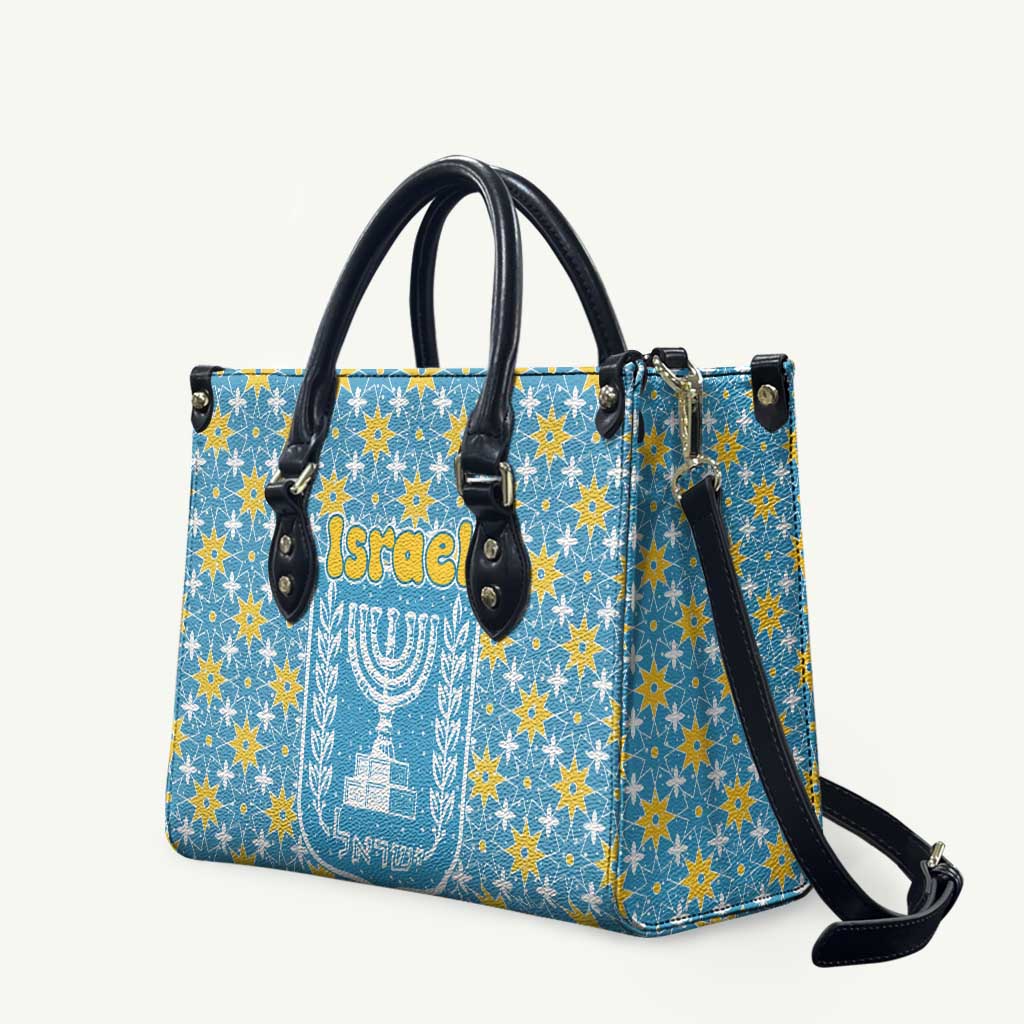 Israel Christmas Leather Bag with Blue-Yellow Star Pattern, Menorah, and Santa Motif - Wonder Print Shop