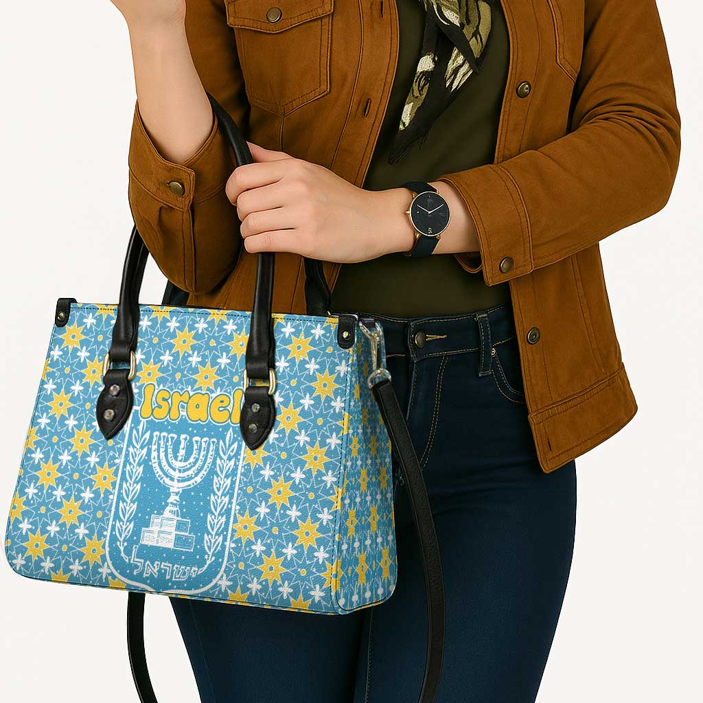 Israel Christmas Leather Bag with Blue-Yellow Star Pattern, Menorah, and Santa Motif - Wonder Print Shop