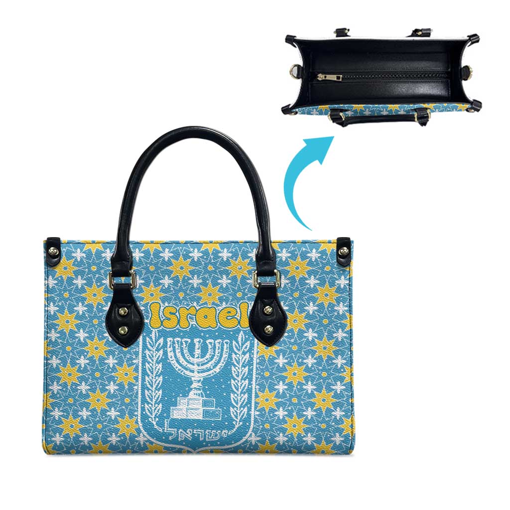 Israel Christmas Leather Bag with Blue-Yellow Star Pattern, Menorah, and Santa Motif - Wonder Print Shop