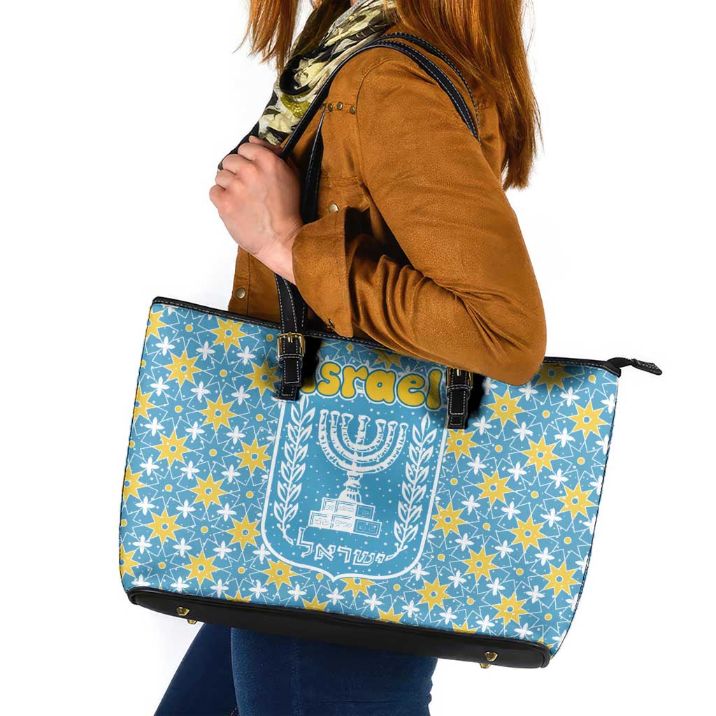 Israel Christmas Leather Tote Bag with Blue-Yellow Star Pattern, Menorah, and Santa Motif - Wonder Print Shop
