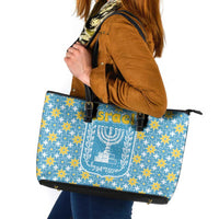 Israel Christmas Leather Tote Bag with Blue-Yellow Star Pattern, Menorah, and Santa Motif - Wonder Print Shop