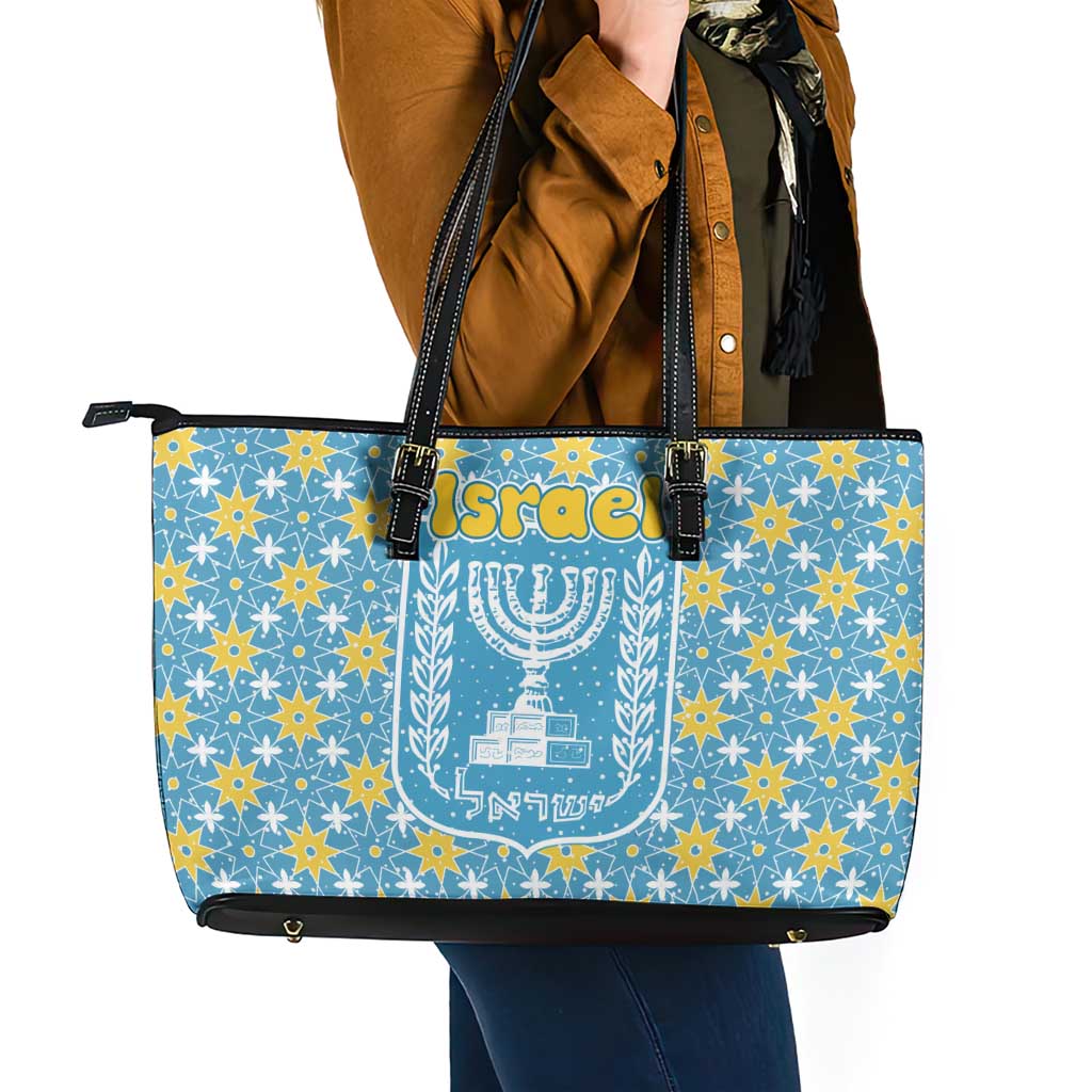 Israel Christmas Leather Tote Bag with Blue-Yellow Star Pattern, Menorah, and Santa Motif - Wonder Print Shop