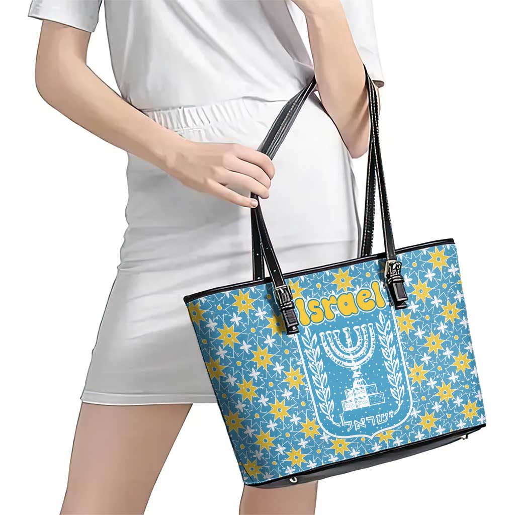 Israel Christmas Leather Tote Bag with Blue-Yellow Star Pattern, Menorah, and Santa Motif - Wonder Print Shop