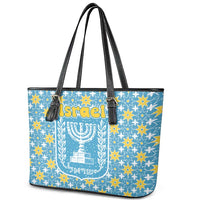 Israel Christmas Leather Tote Bag with Blue-Yellow Star Pattern, Menorah, and Santa Motif - Wonder Print Shop