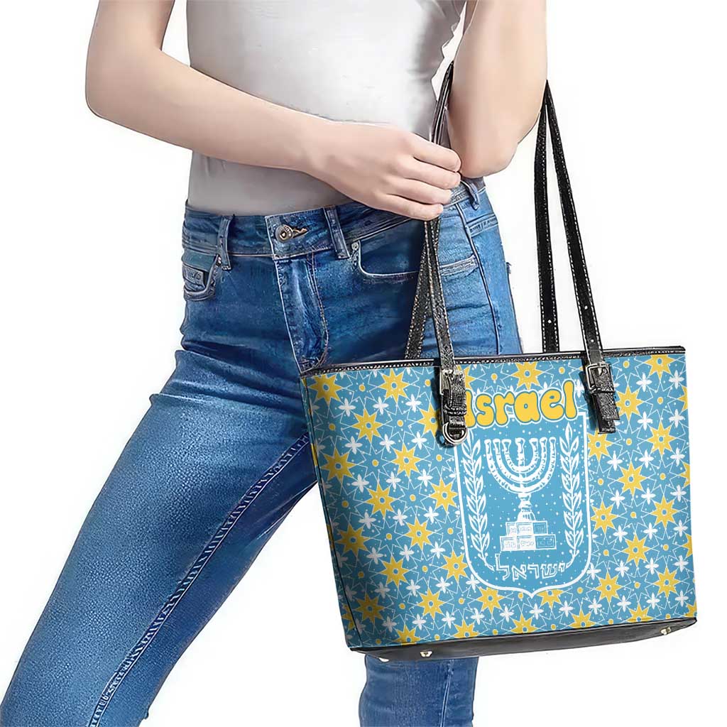 Israel Christmas Leather Tote Bag with Blue-Yellow Star Pattern, Menorah, and Santa Motif - Wonder Print Shop