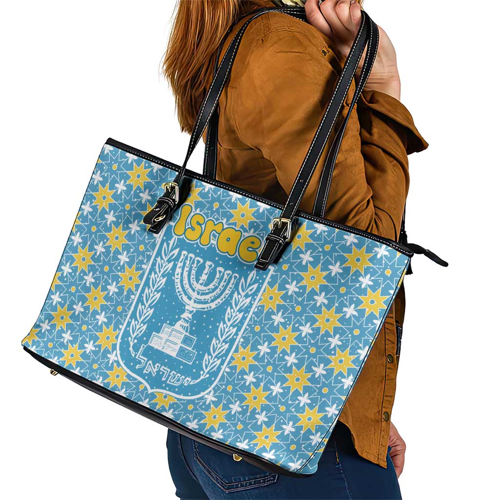 Israel Christmas Leather Tote Bag with Blue-Yellow Star Pattern, Menorah, and Santa Motif - Wonder Print Shop