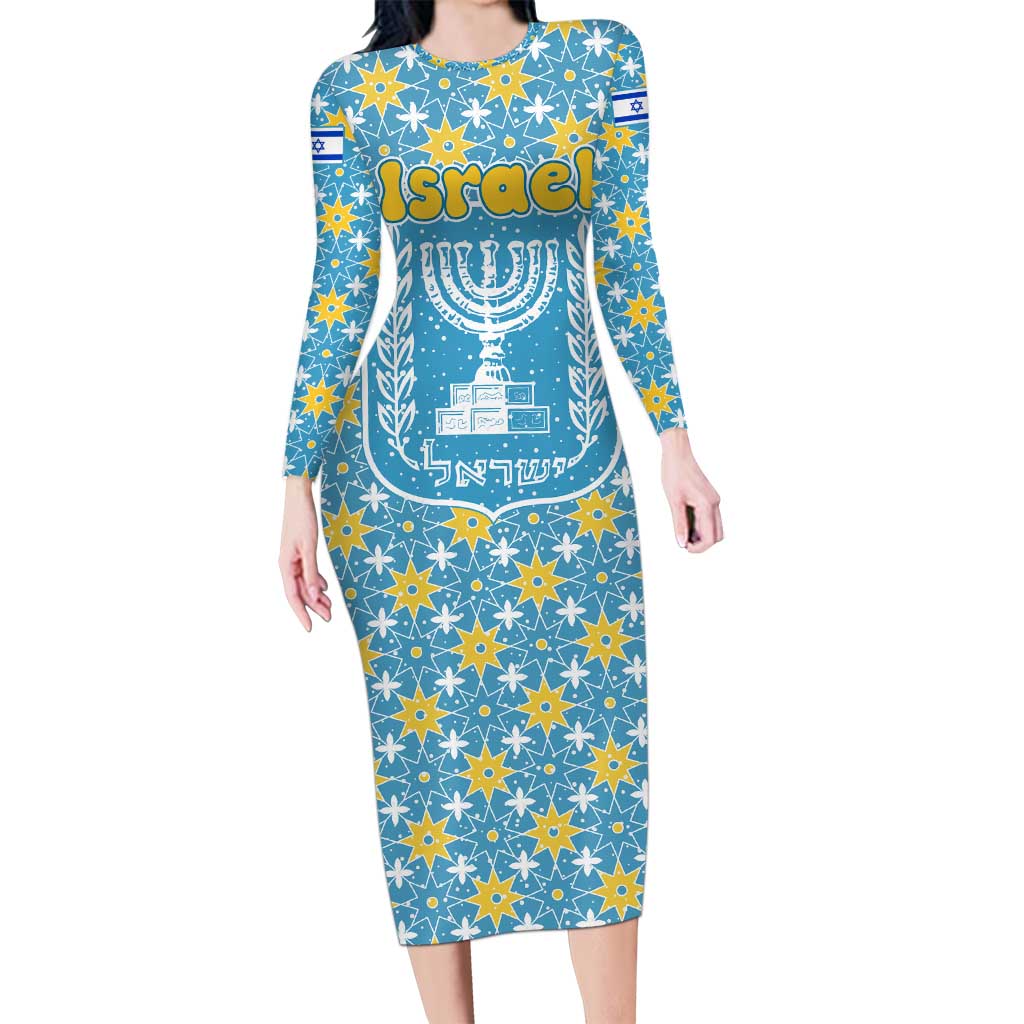 Israel Christmas Long Sleeve Bodycon Dress with Blue-Yellow Star Pattern, Menorah, and Santa Motif - Wonder Print Shop