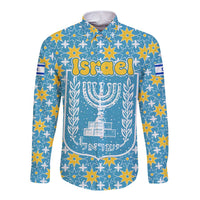 Israel Christmas Long Sleeve Button Shirt with Blue-Yellow Star Pattern, Menorah, and Santa Motif - Wonder Print Shop