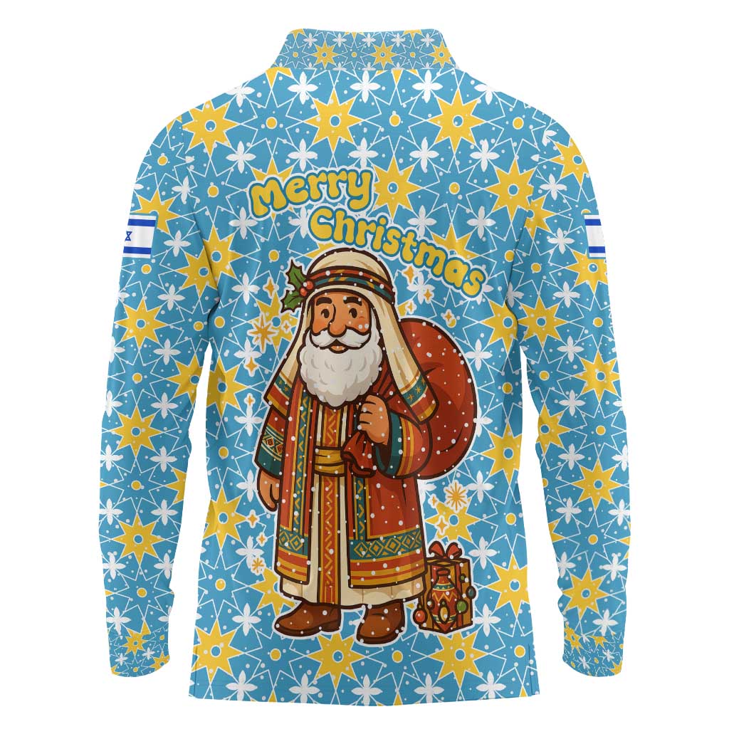 Israel Christmas Long Sleeve Polo Shirt with Blue-Yellow Star Pattern, Menorah, and Santa Motif - Wonder Print Shop