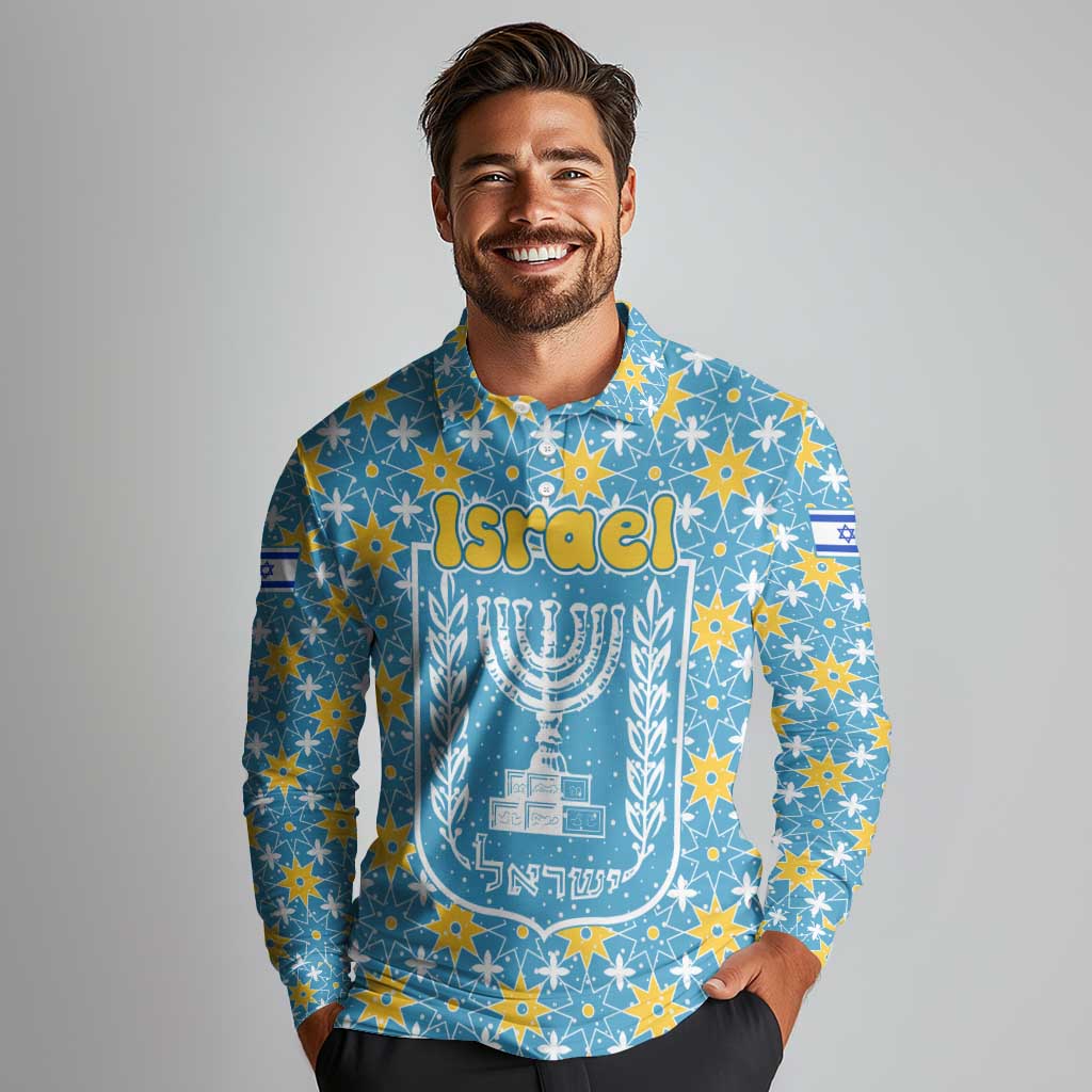 Israel Christmas Long Sleeve Polo Shirt with Blue-Yellow Star Pattern, Menorah, and Santa Motif - Wonder Print Shop