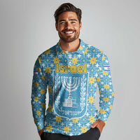 Israel Christmas Long Sleeve Polo Shirt with Blue-Yellow Star Pattern, Menorah, and Santa Motif - Wonder Print Shop