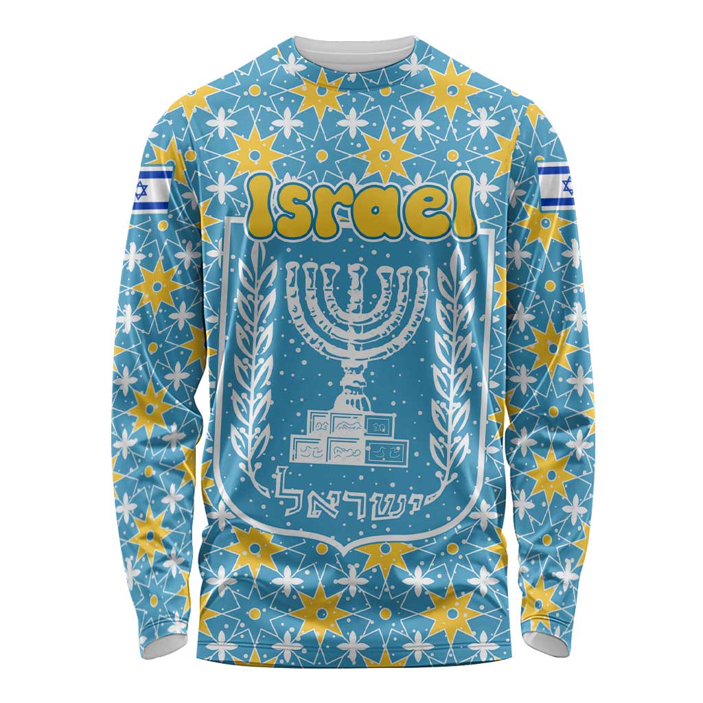 Israel Christmas Long Sleeve Shirt with Blue-Yellow Star Pattern, Menorah, and Santa Motif - Wonder Print Shop